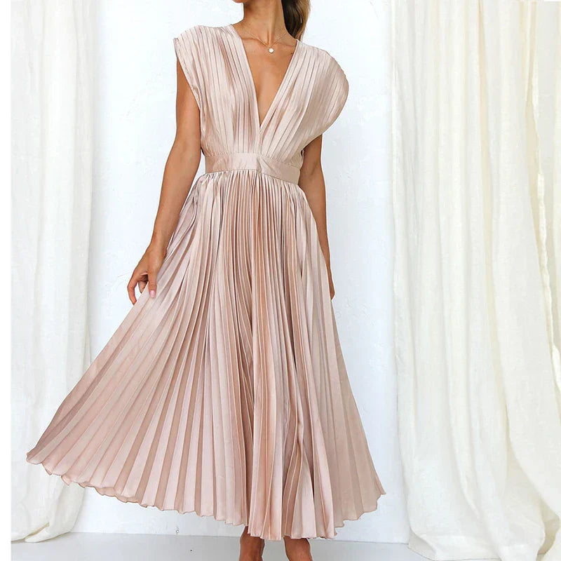 Aina | Elegante geplooide maxi-jurk voor dames – V-hals, zwierige lange casual zomerjurk