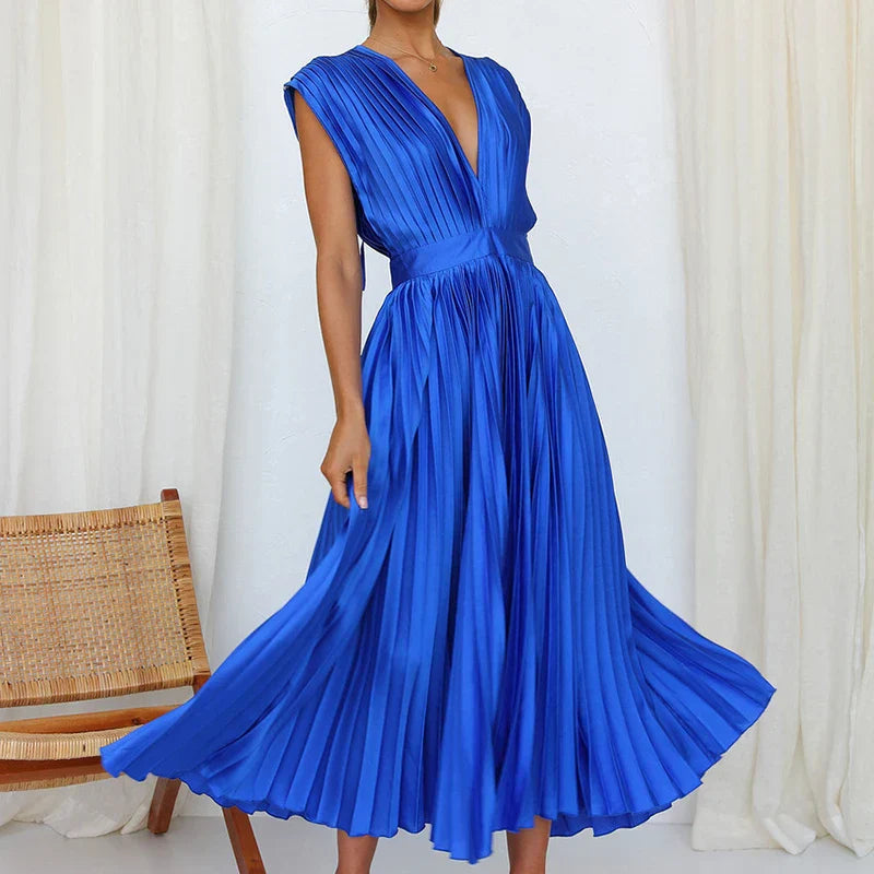 Aina | Elegante geplooide maxi-jurk voor dames – V-hals, zwierige lange casual zomerjurk