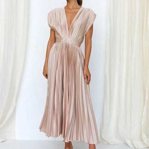 Aina | Elegante geplooide maxi-jurk voor dames – V-hals, zwierige lange casual zomerjurk