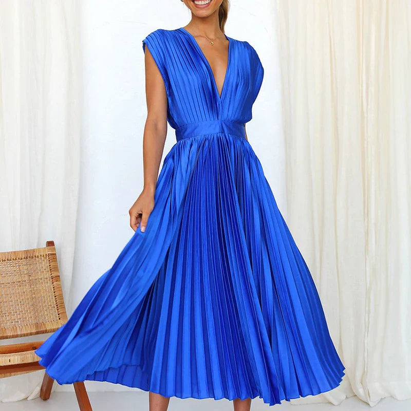 Aina | Elegante geplooide maxi-jurk voor dames – V-hals, zwierige lange casual zomerjurk