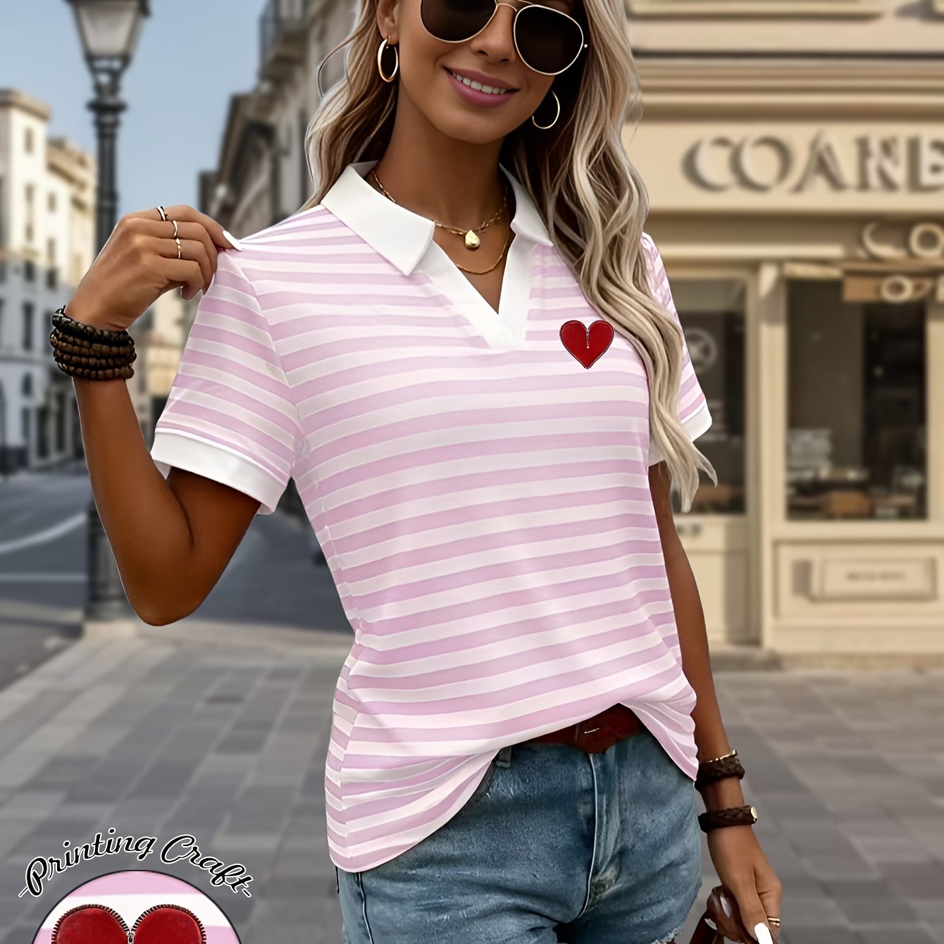 Azelora | Dames Gestreept V-hals T-shirt – Casual Blouse met Korte Mouwen en Hartprint