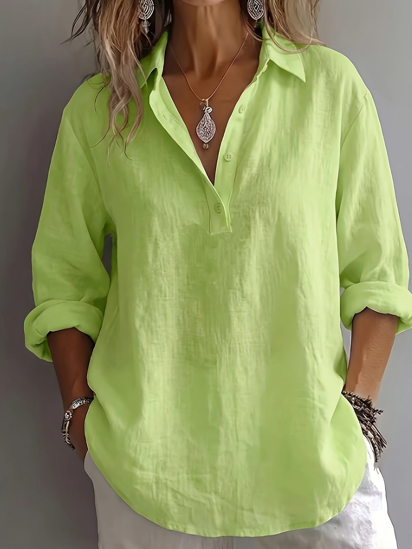 Lilou | Damesblouse met lange mouwen – Loszittend overhemd met kraag en knopen