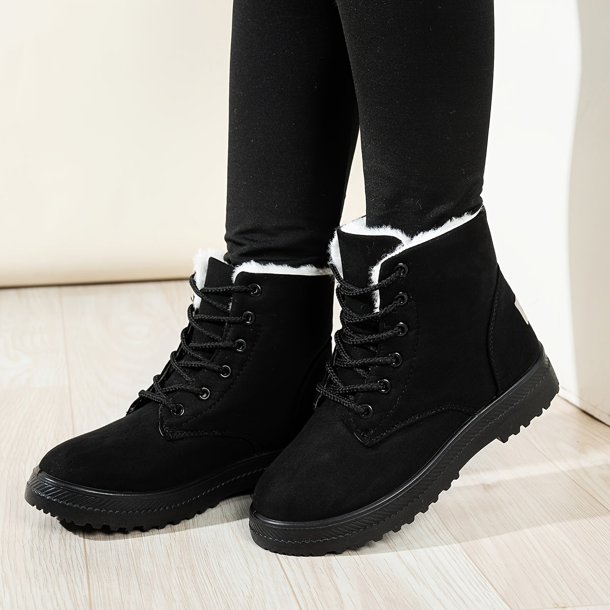 Doralina | Dames Enkellaarzen – Korte Pluche Gevoerde Veterschoenen, Effen & Casual