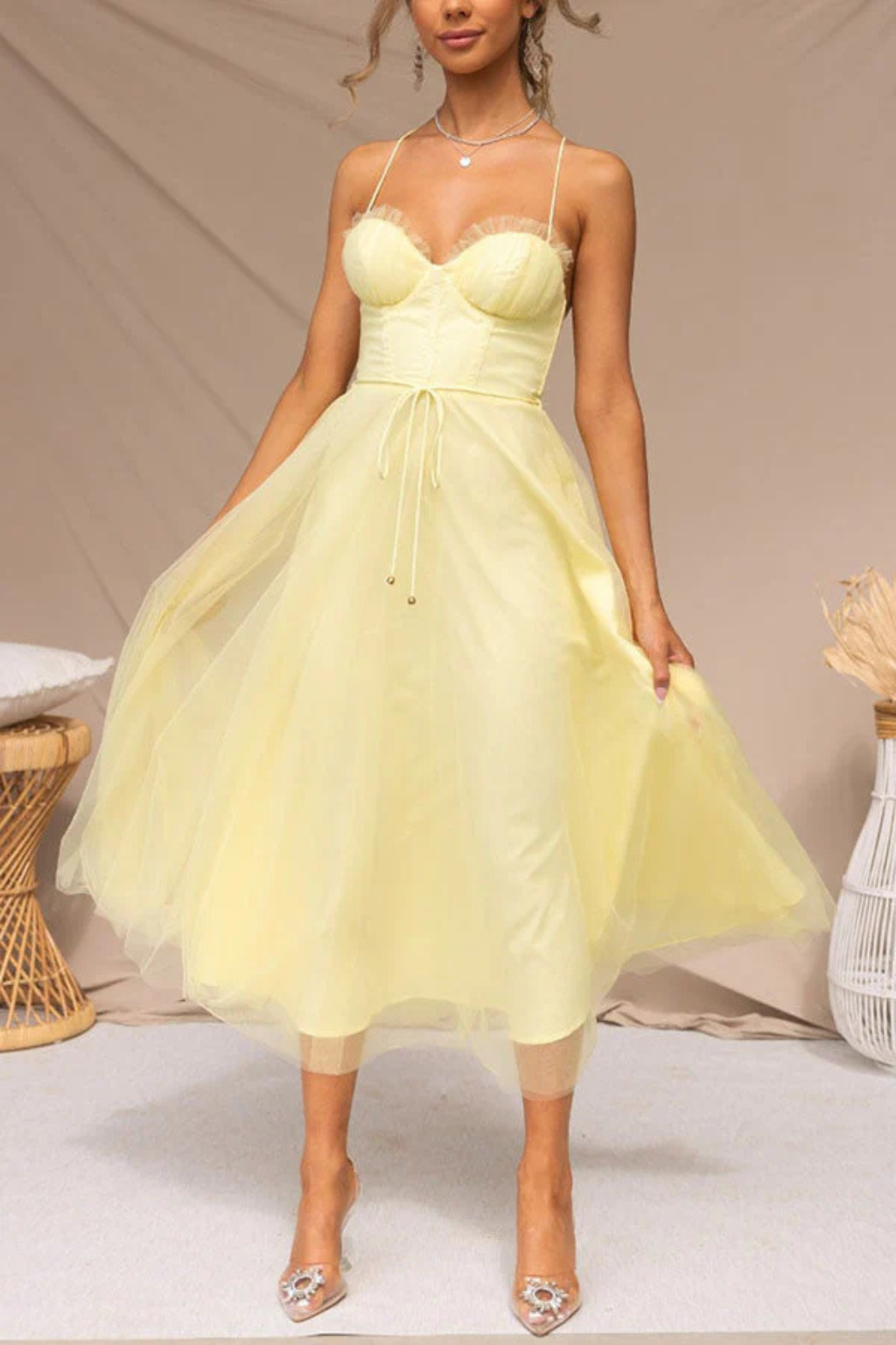 Greta | Formele Midi Jurk voor Dames – Strapless Avondjurk met Tule Bustier