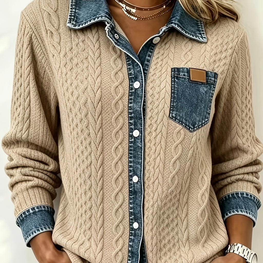 Leora | Damestrui van faux-denim jacquard – Trui met lange mouwen en print