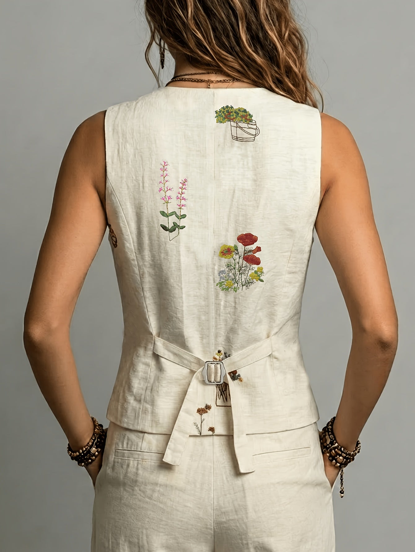 Posie | Linnenmix-vest voor dames – Geborduurd, mouwloos vest met ceintuur