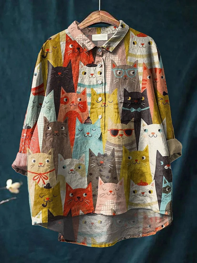 Zarielle | Oversized Dames Blouse – Honden Bedrukt overhemd, Katoen Casual Top