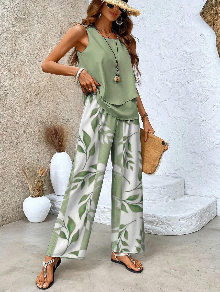 Giavanna | Casual set voor dames – Top met print en broek met wijde pijpen