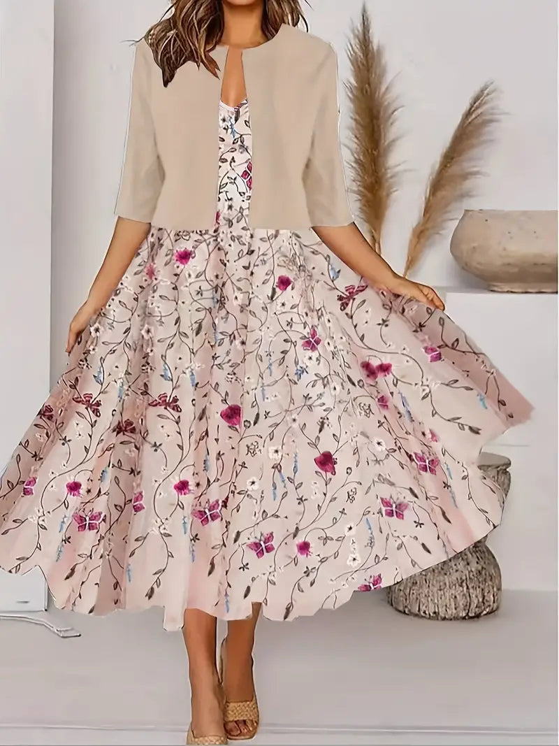 Janelle | Dames Tweedelige Jurk met Bloemenprint – Mouwloze Midi Jurk met V-Hals