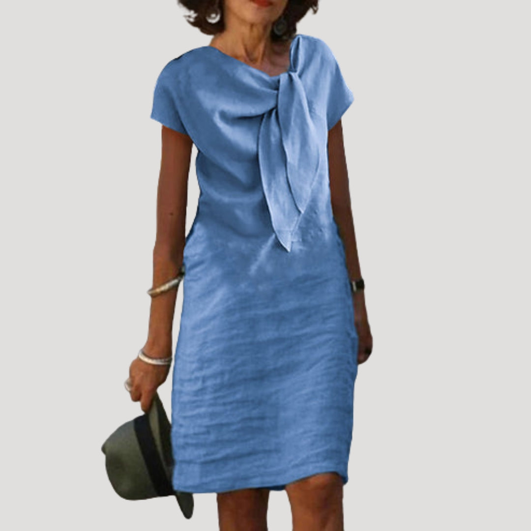 Aurora | Midi Jurk van Katoen-Linnenmix met Strik aan de Voorkant voor Dames – Elegante & Casual