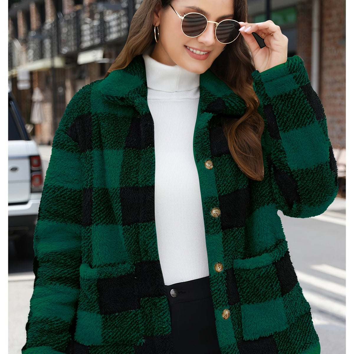 Noralise | Geruite Teddy Damesjas – Pluche, Lange Mouwen
