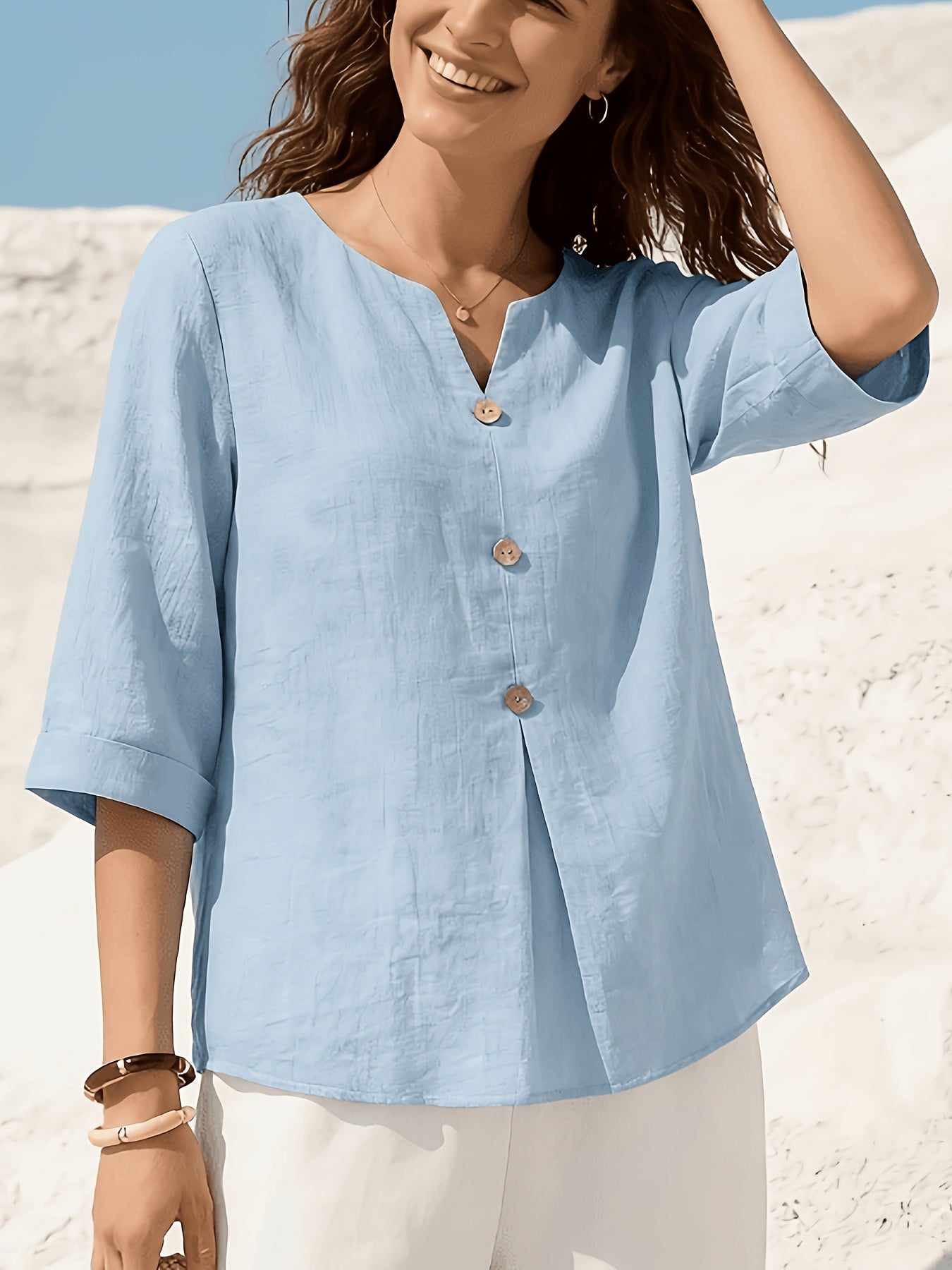 Winslet | Casual linnen top voor dames – loszittende blouse met V-hals en 3/4-mouwen