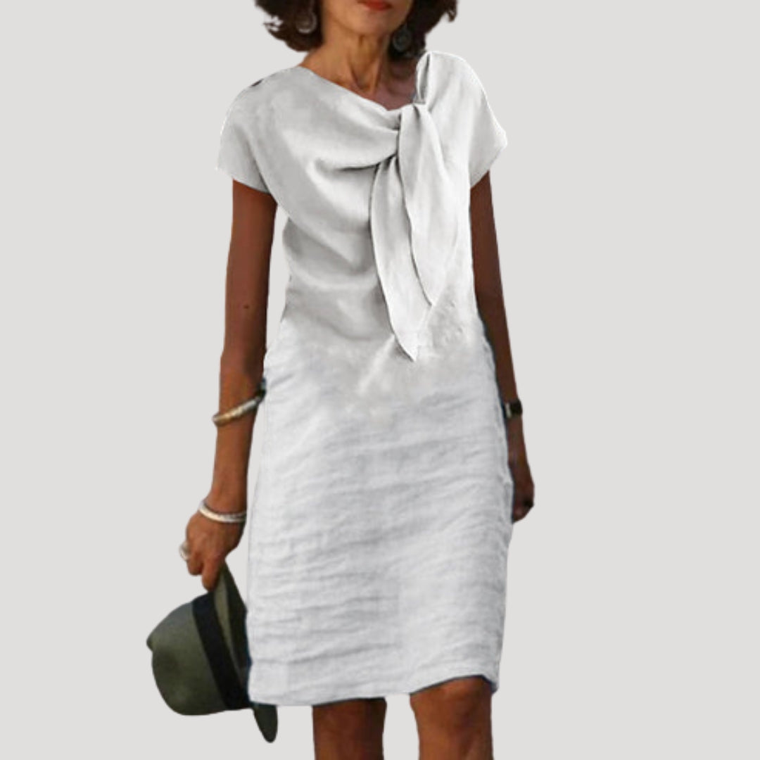 Aurora | Midi Jurk van Katoen-Linnenmix met Strik aan de Voorkant voor Dames – Elegante & Casual