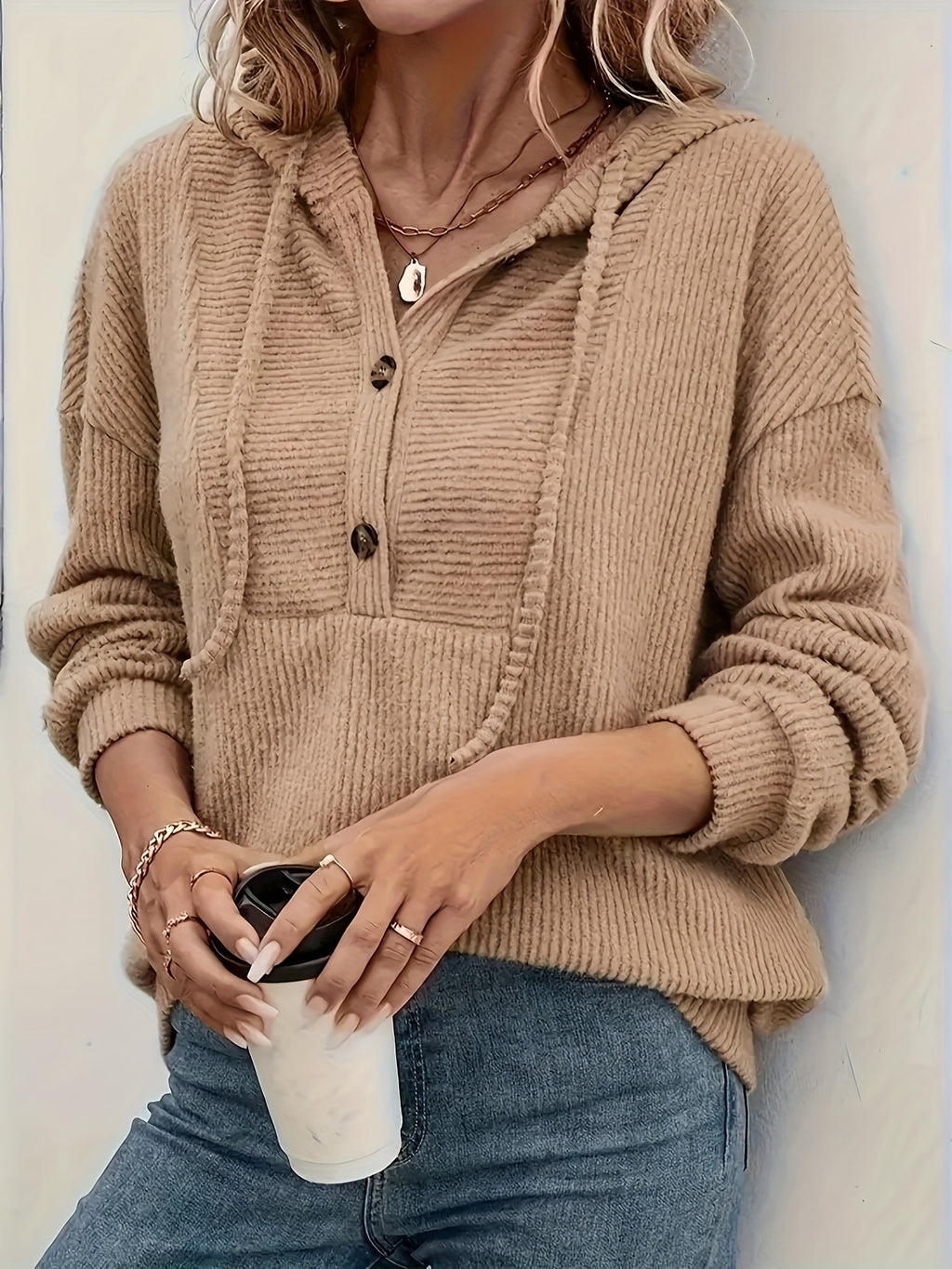 Lieve | Geribde damestrui met capuchon – Casual trui met lange mouwen