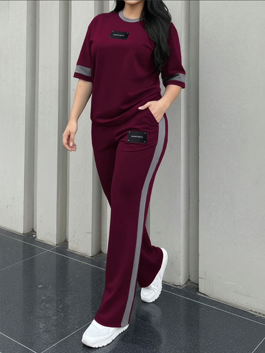 Lorielle | 2-delige loungeset voor dames – T-shirt met kleurblokken en een lange broek