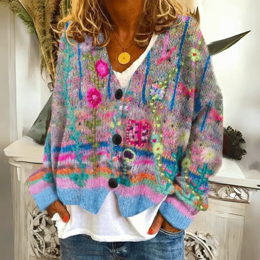 Catriona | Damesvest met bloemenprint, V-hals, knoopsluiting en relaxte pasvorm