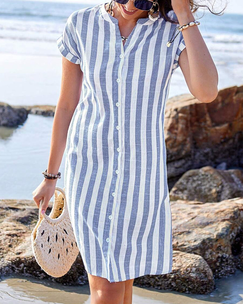 Cyrinae | Dames Blauwe Gestreepte Midi-jurk – Elegante Overhemdjurk
