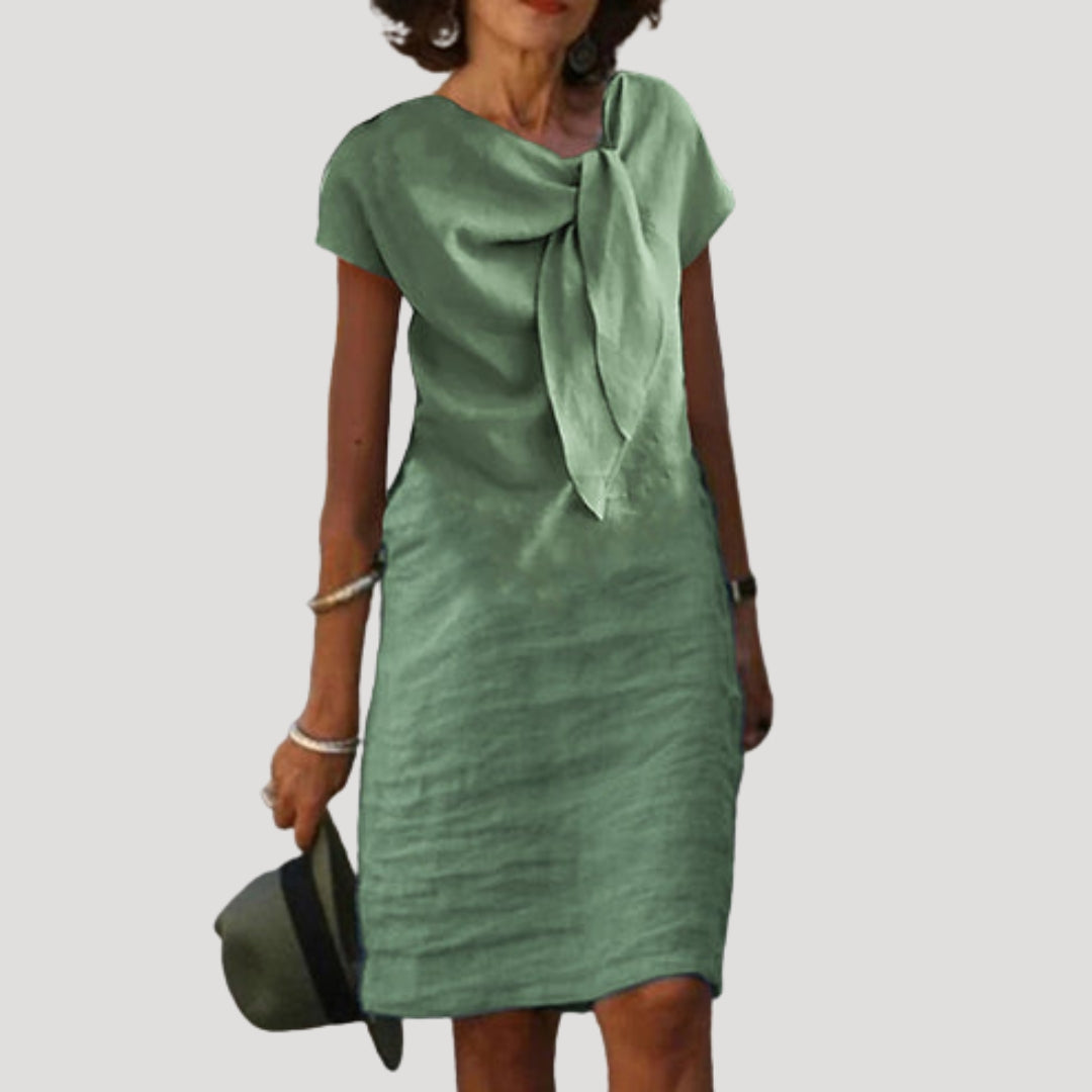 Aurora | Midi Jurk van Katoen-Linnenmix met Strik aan de Voorkant voor Dames – Elegante & Casual