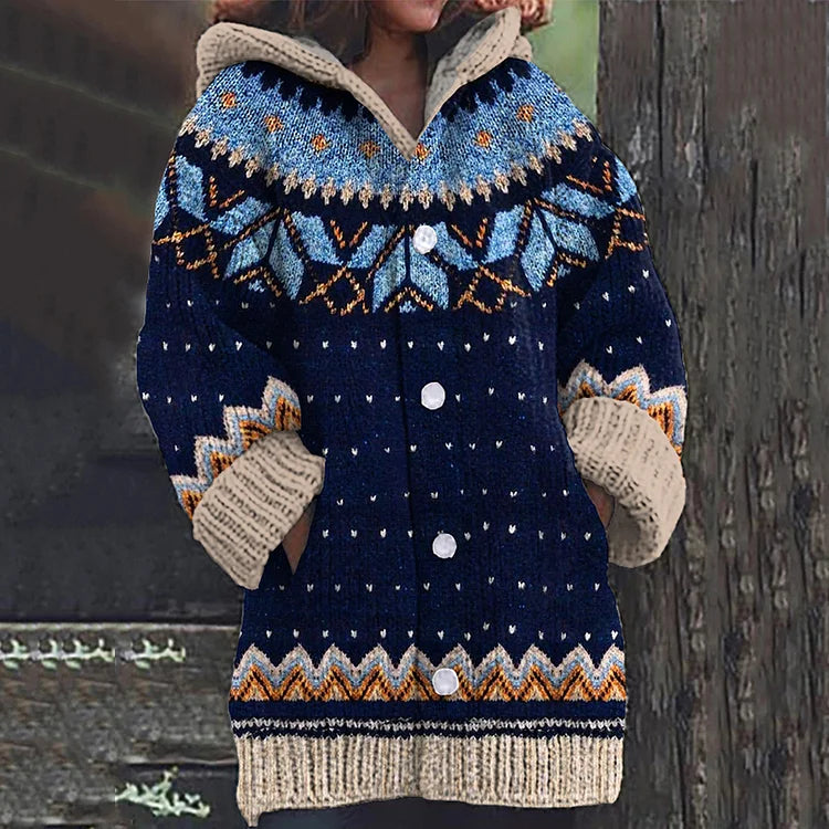 Feline | Warme Gebreide Damesjas met Patroon – Grofgebreide Winterjas