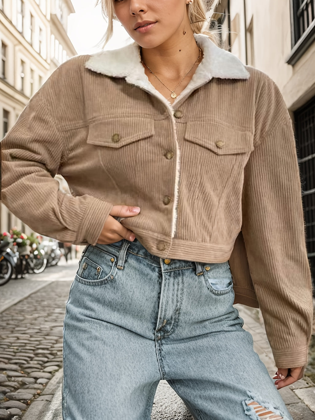 Hilde | Dames Corduroy Jas met Fleece Kraag & Korte Pasvorm