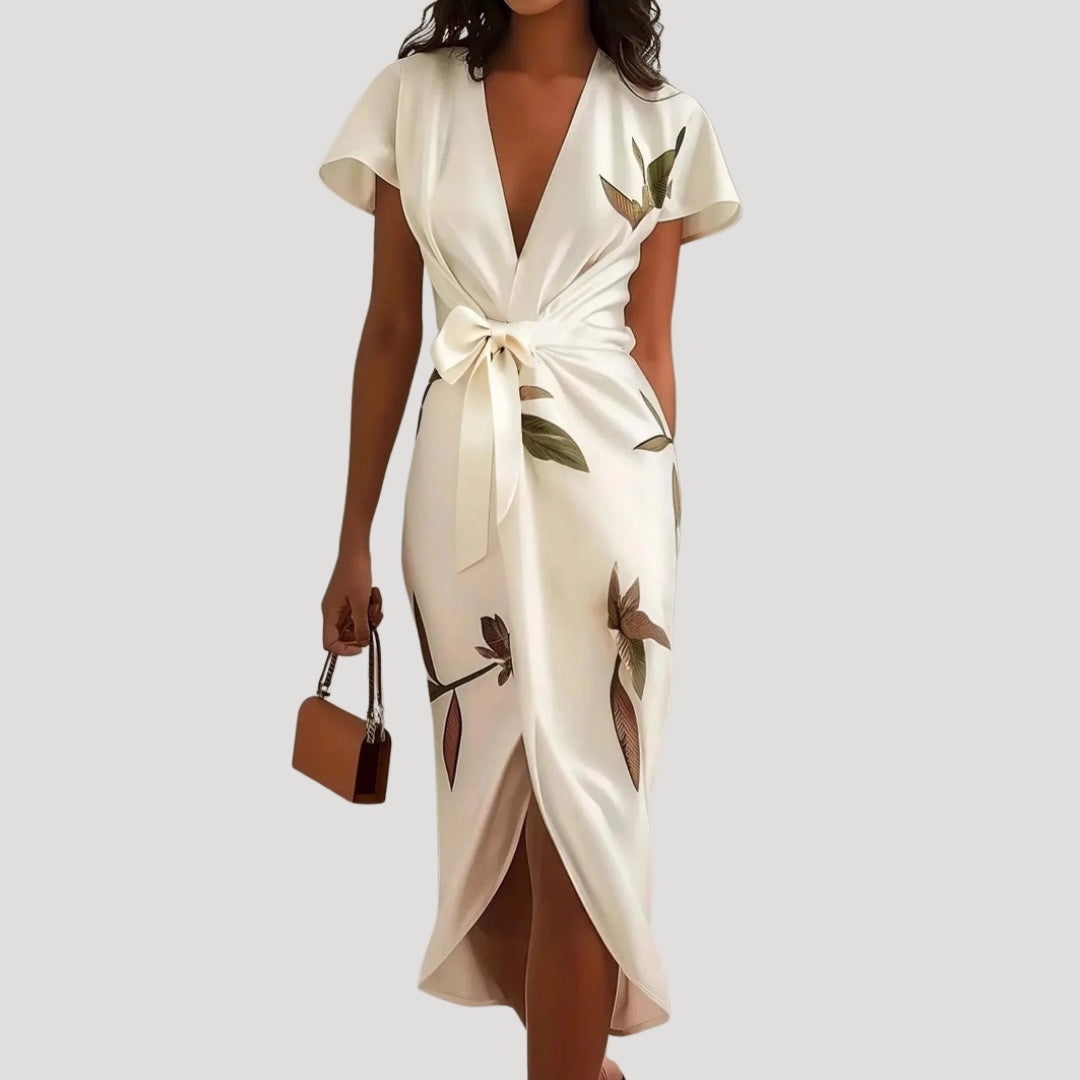 Aralyn | Bloemen dames wikkel midi jurk – Zomerse zwierige jurk met korte mouwen en tailleband