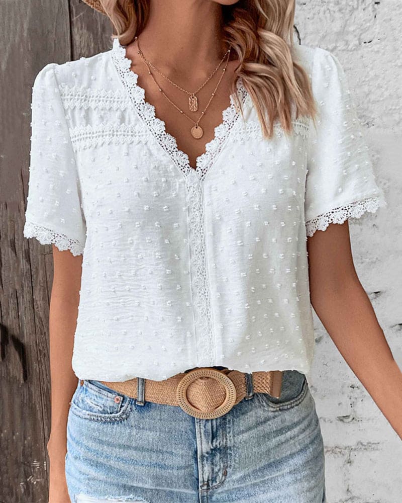 Morvina | Dames Kanten Blouse – Korte Mouwen Overhemd Top