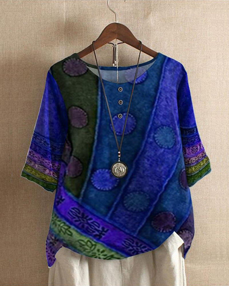 Talyra | Dames Boho Print Top – Vintage Blouse met Halve Mouwen