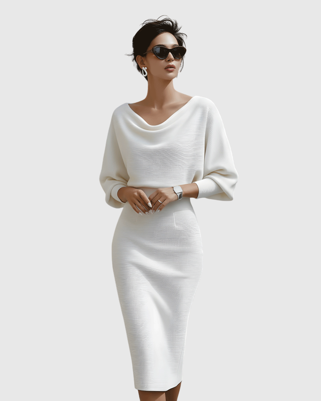 Milena | Weißes, locker sitzendes Damenkleid – Midikleid mit Fledermausärmeln