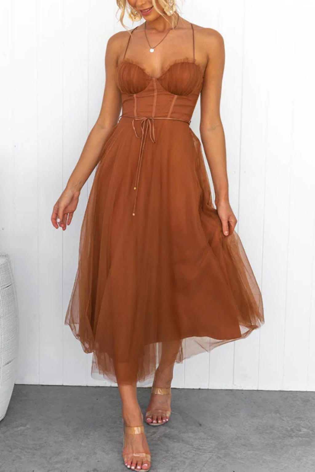 Greta | Formele Midi Jurk voor Dames – Strapless Avondjurk met Tule Bustier