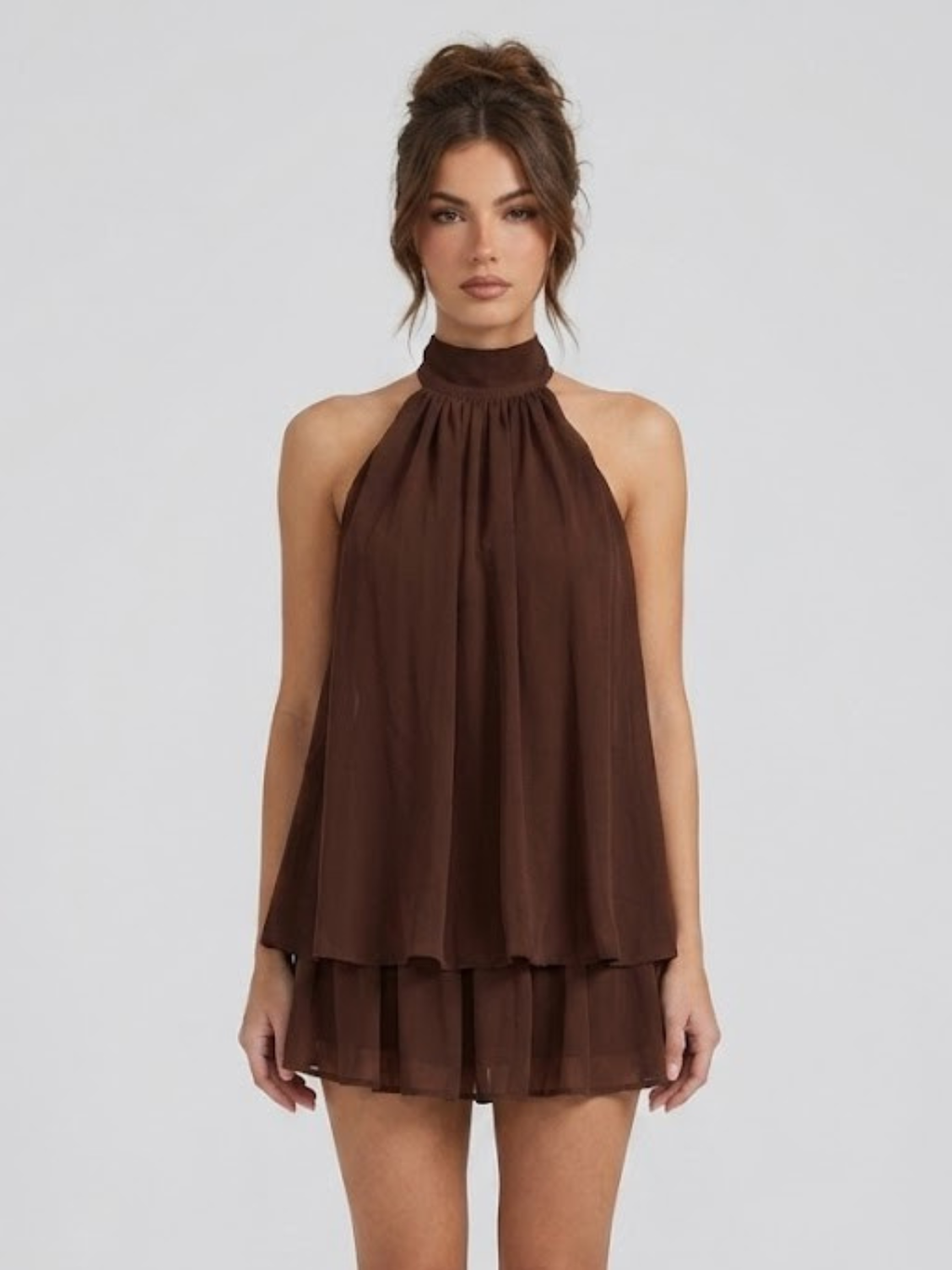 Monroe | Dames Rugloze Mini-jurk met Ruches – Elegante Halterjurk met Vloeiende Pasvorm
