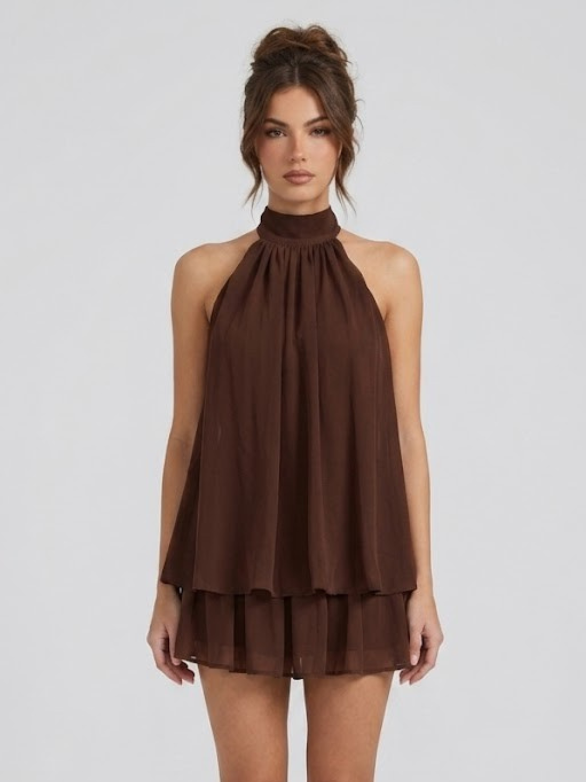 Monroe | Dames Rugloze Mini-jurk met Ruches – Elegante Halterjurk met Vloeiende Pasvorm