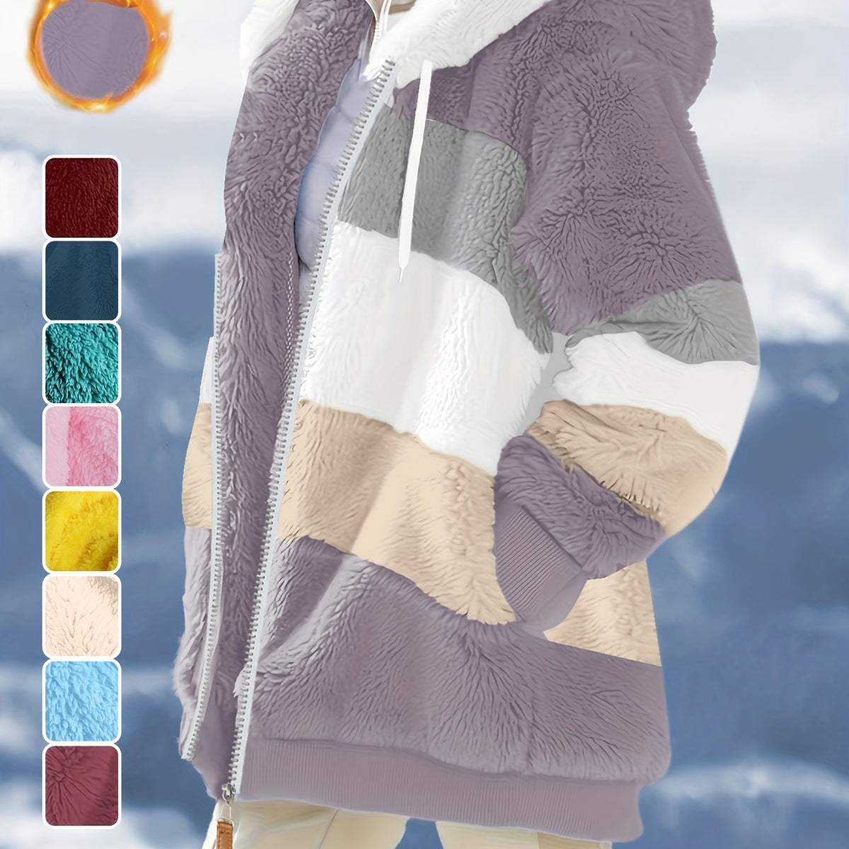 Maevelle | Fleecejas met capuchon voor dames – Pluche jas met ritssluiting in kleurblokken