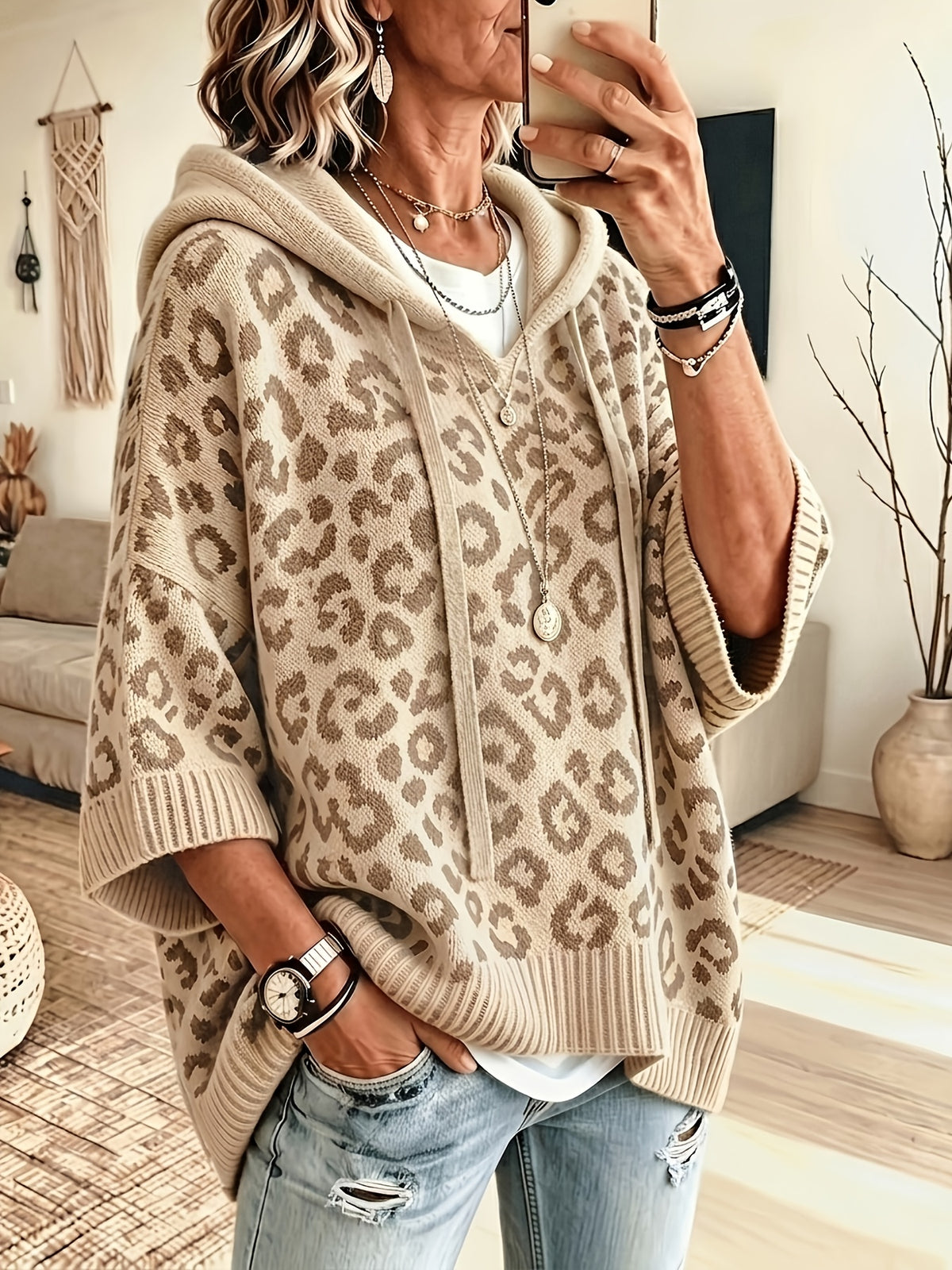 Betty | Hoodie met luipaardprint voor dames – Oversized trui met vleermuismouwen