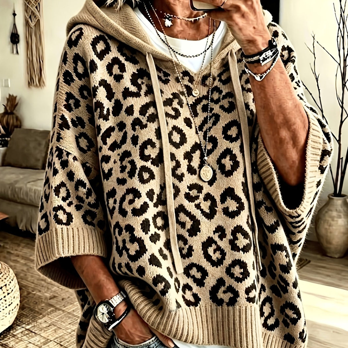 Betty | Hoodie met luipaardprint voor dames – Oversized trui met vleermuismouwen