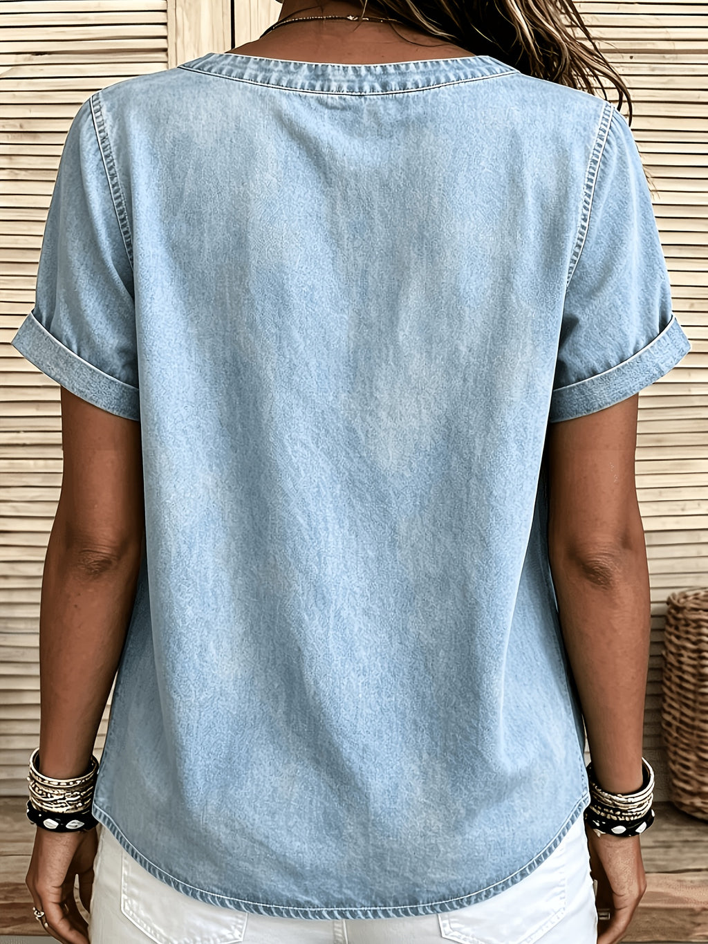 Viviana | Casual denimtop voor dames – Blouse met korte mouwen en versleten look