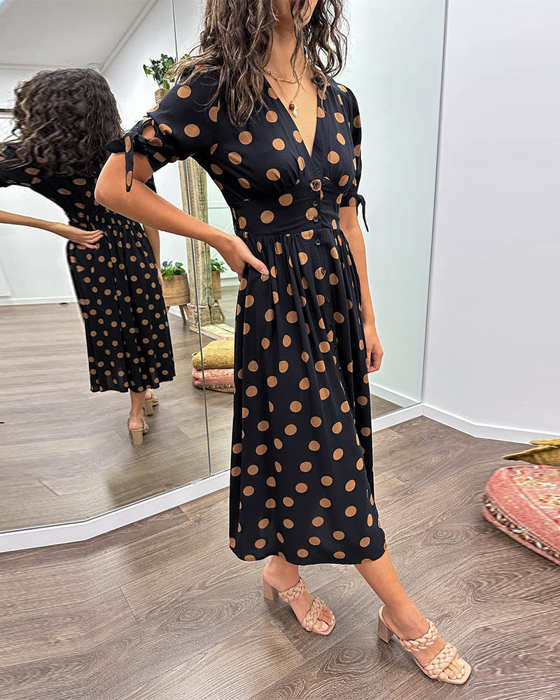 Damaris | Dames Polkadot Midi-jurk – Elegante A-lijn jurk met V-hals