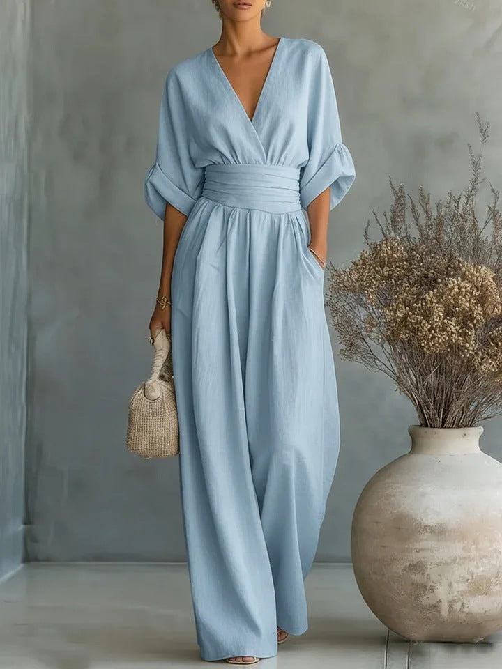 Ridley | Mouwloze jumpsuit met wijde pijpen voor dames – V-hals, elegante casual jumpsuit