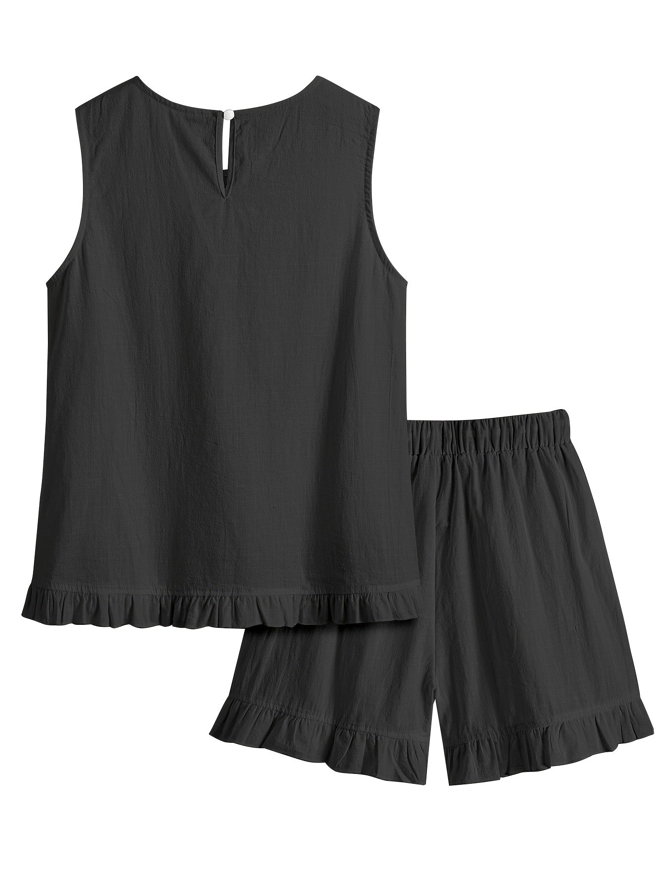 Teagan | Lounge-set voor dames met kanten randjes – mouwloze top en shorts met ruches