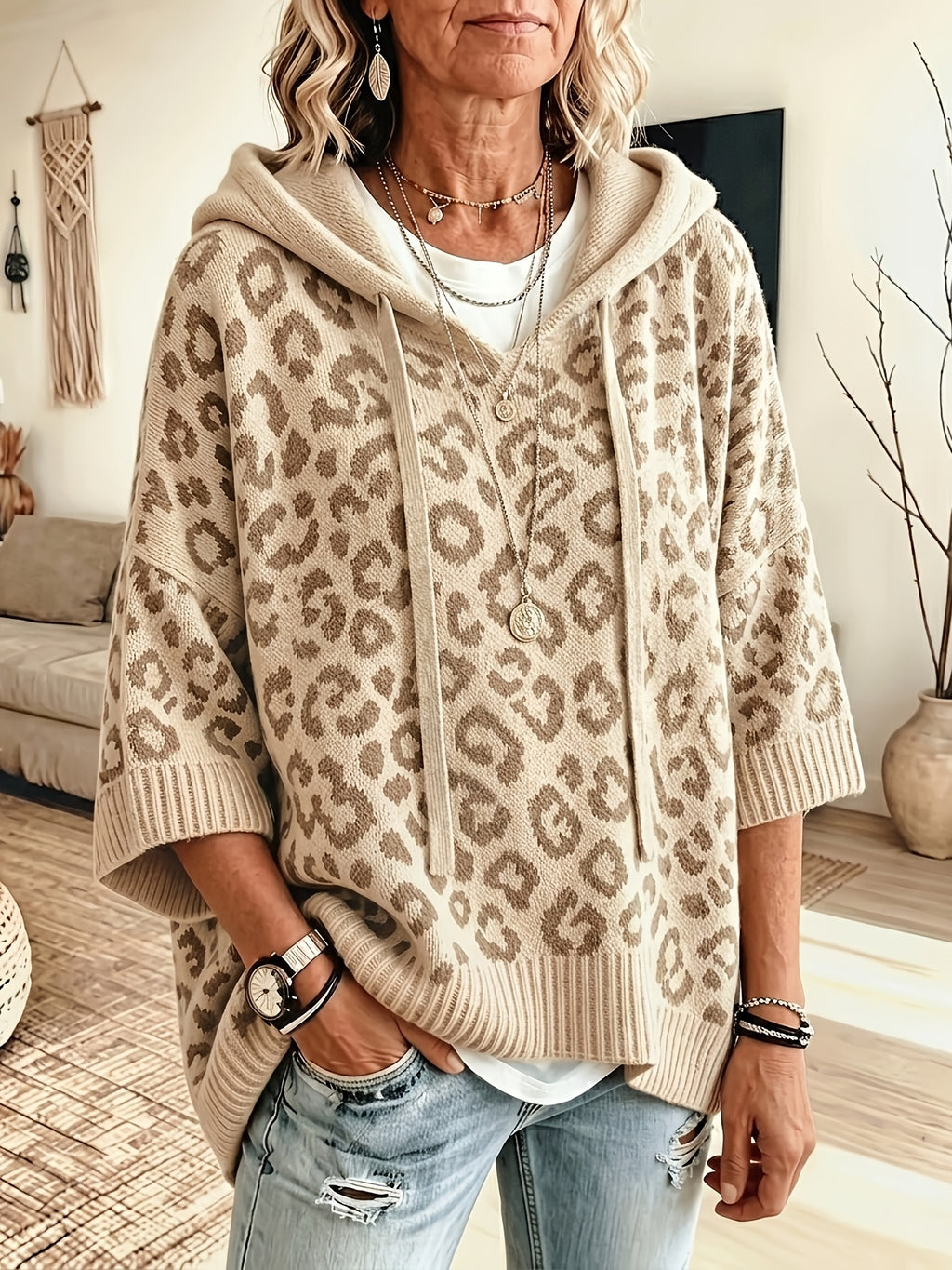 Betty | Hoodie met luipaardprint voor dames – Oversized trui met vleermuismouwen
