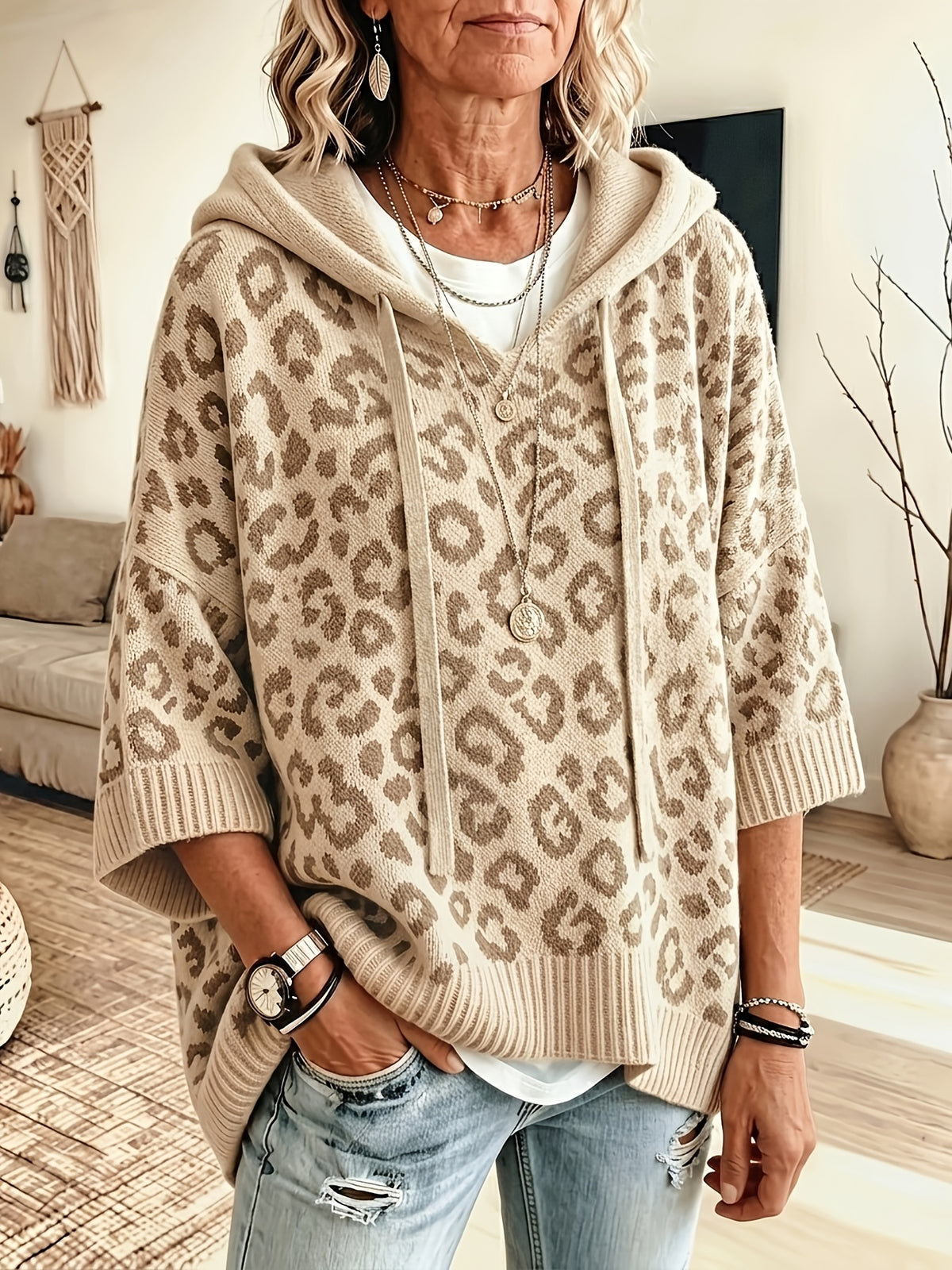 Betty | Hoodie met luipaardprint voor dames – Oversized trui met vleermuismouwen