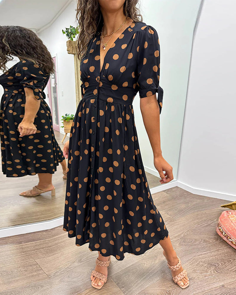 Damaris | Dames Polkadot Midi-jurk – Elegante A-lijn jurk met V-hals