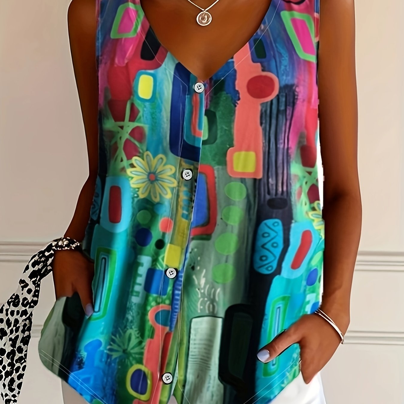 Talise | Casual damesblouse met print – Mouwloos zomershirt met V-hals