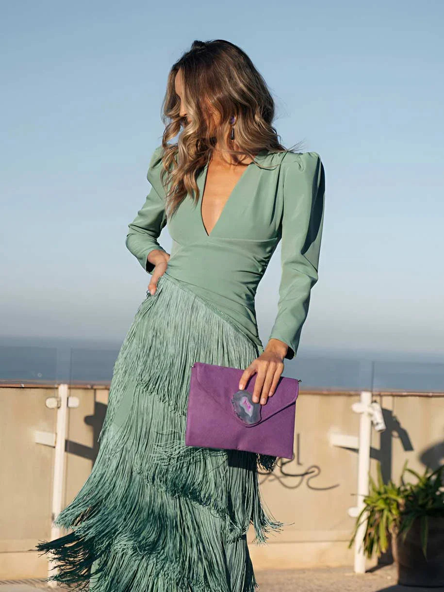 Tansy | Damesjurk met franjes – Elegante midijurk met lange mouwen