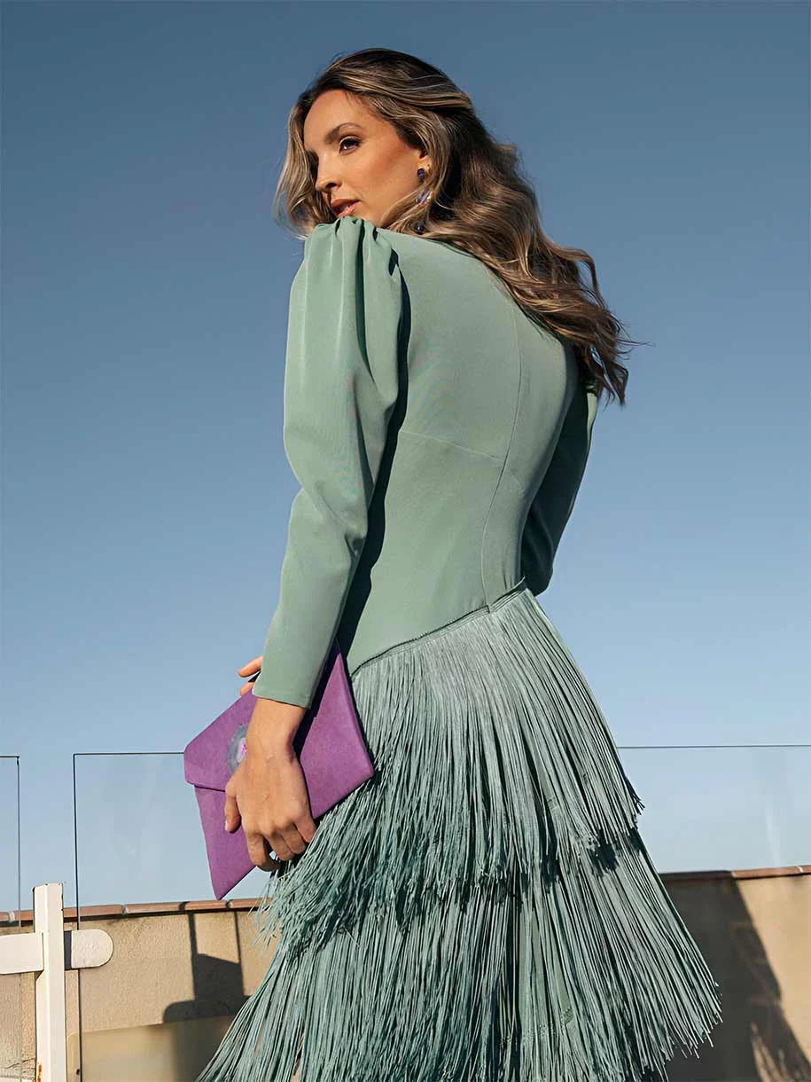 Tansy | Damesjurk met franjes – Elegante midijurk met lange mouwen