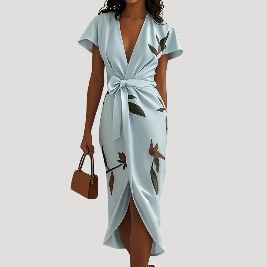 Aspen | Dames Midi Jurk met Bloemenprint – Wikkeljurk met V-Hals,