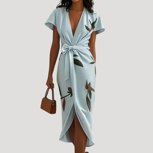 Aspen | Dames Midi Jurk met Bloemenprint – Wikkeljurk met V-Hals,