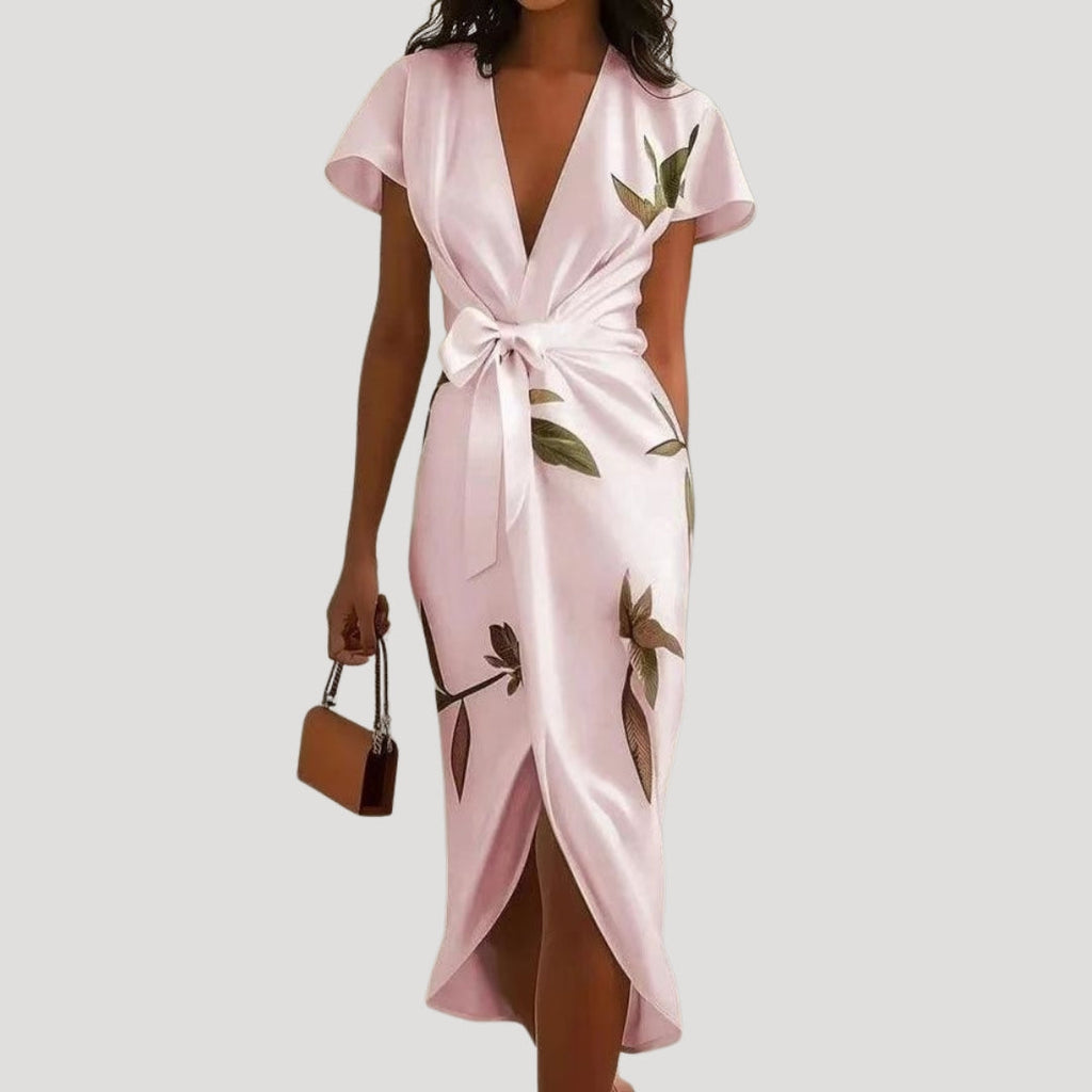 Aralyn | Bloemen dames wikkel midi jurk – Zomerse zwierige jurk met korte mouwen en tailleband