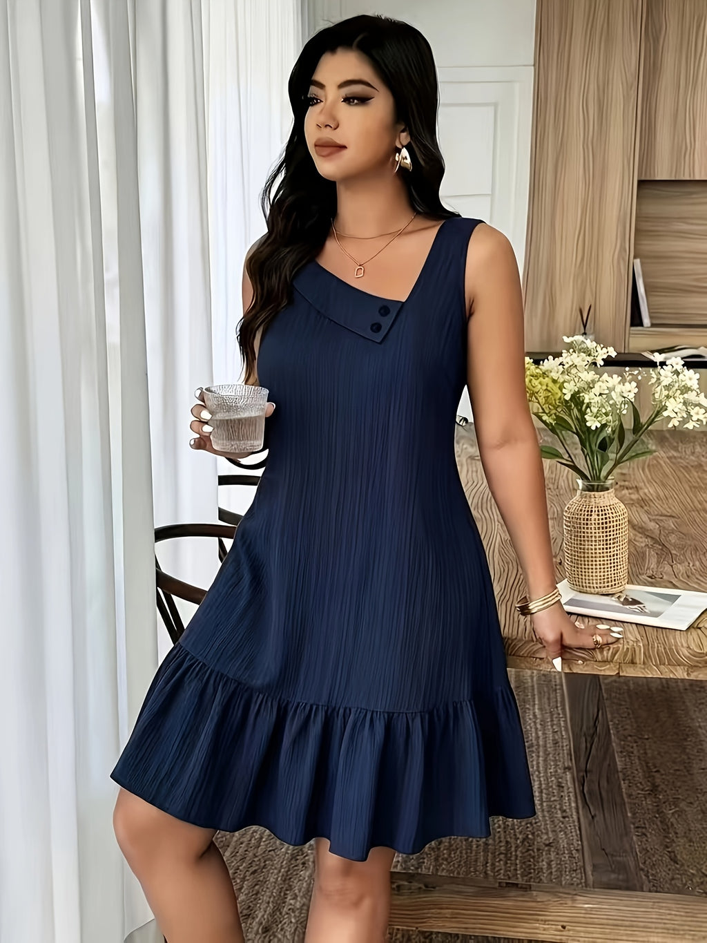 Lyliana | Elegante mouwloze damesjurk – soepel vallende, effen gekleurde A-lijn casual jurk