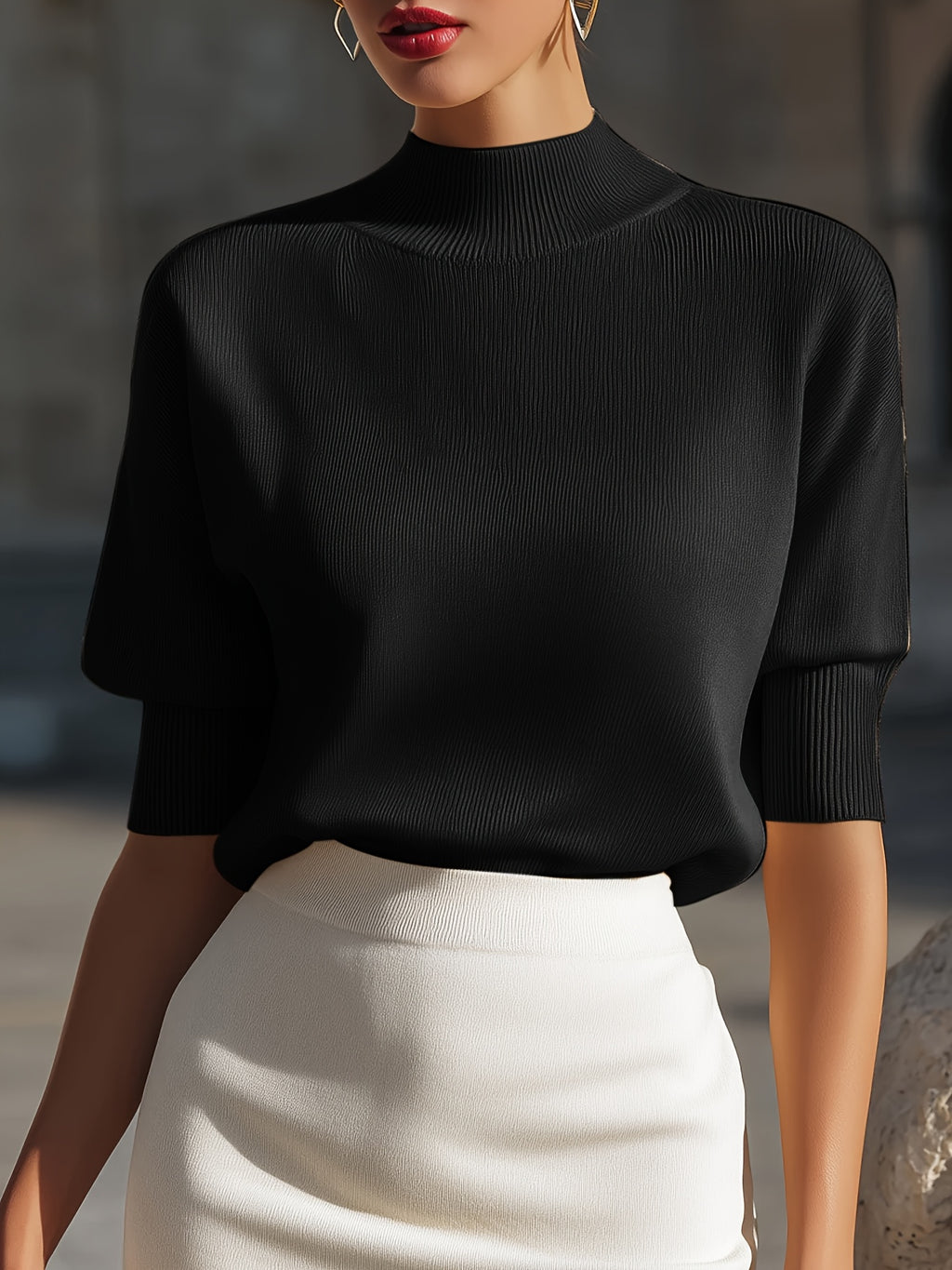 Ardessa | Dames T-shirt met structuur – Opstaande kraag, aansluitende manchetten