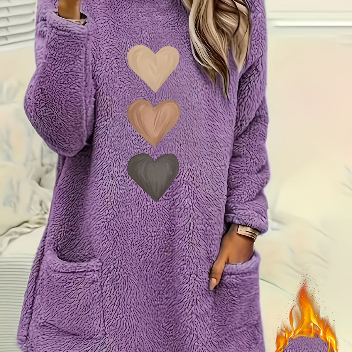 Leonie | Dames-sweatshirt met fleecevoering en hartjesprint – Casual pullover met lange mouwen